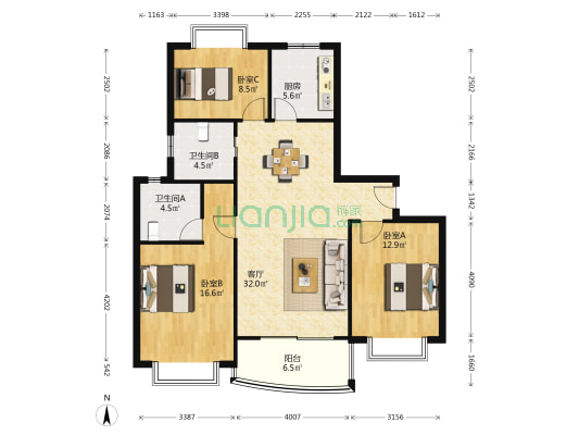 天山中华园 3室1厅2卫 117平方