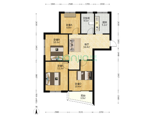 家乐公寓 4室1厅1卫 100平方