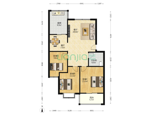 永泰花园 3室2厅1卫 115平方