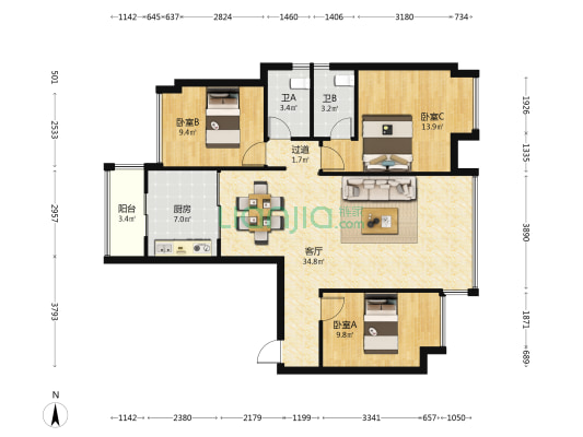 颐阳蓝湾 3室1厅2卫 113平方