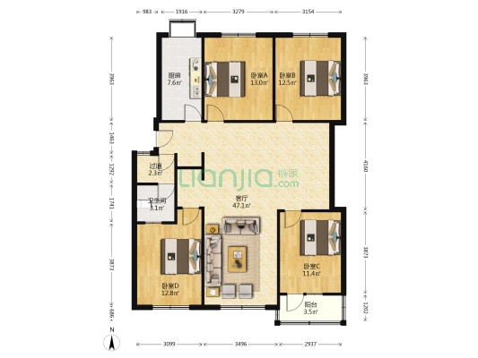 地税小区 4室1厅1卫 136平方