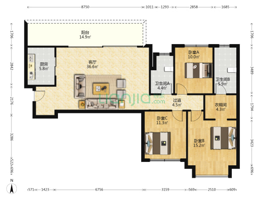 人居悦云庭 3室1厅2卫 140平方