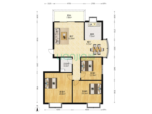 阳明花园 3室2厅1卫 125平方