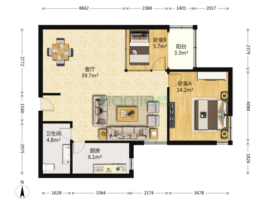 鼎恒中心 2室1厅1卫 108平方