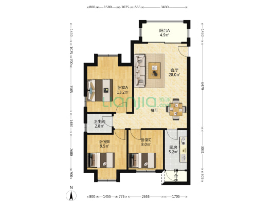 建泰御嘉花苑 3室1厅1卫 100平方