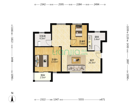 军丽园 2室1厅1卫 91平方