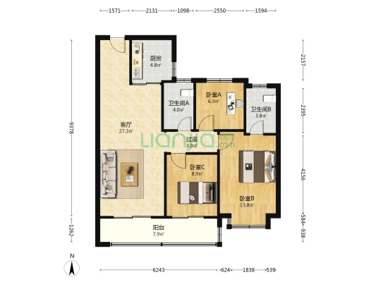 金陵中心 3室1厅2卫 105平方