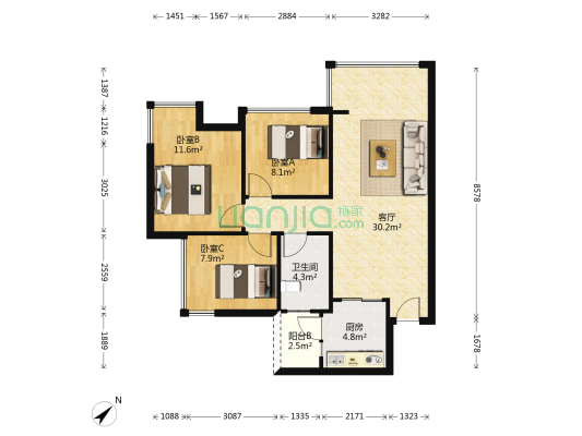 铂悦郡 3室1厅1卫 86平方