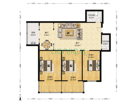 休干小区 3室2厅2卫 135平方