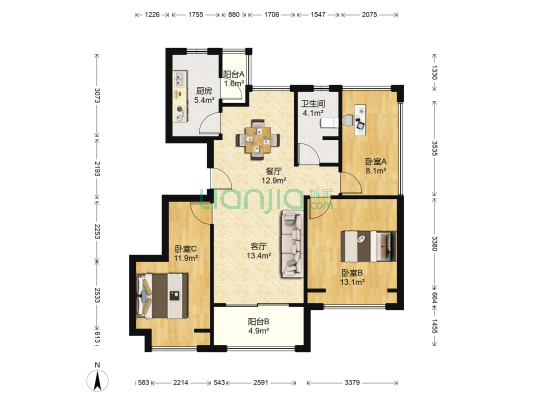 丽都璟庭 3室2厅1卫 90平方