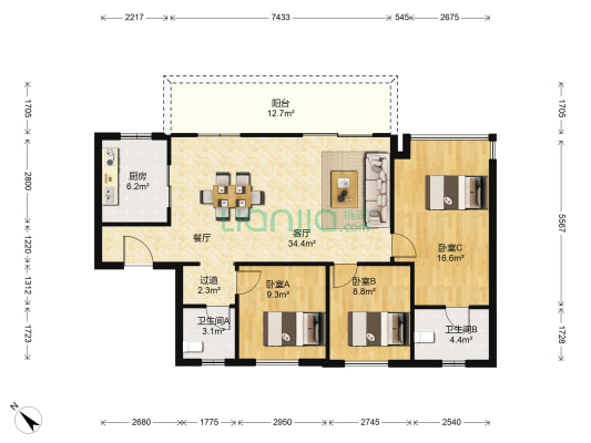 万科理想城C区 3室1厅2卫 108平方