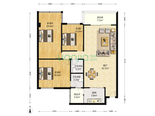 花都雅怡花园 3室1厅2卫 114平方