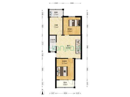 郑密路56号院 2室1厅1卫 58平方