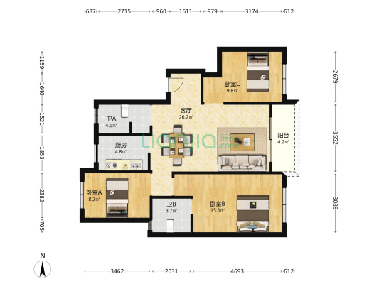 首创誉华洲 3室1厅2卫 97平方
