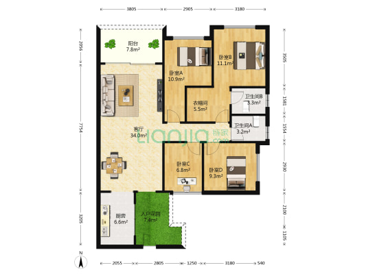 花语倾城 4室1厅2卫 122平方