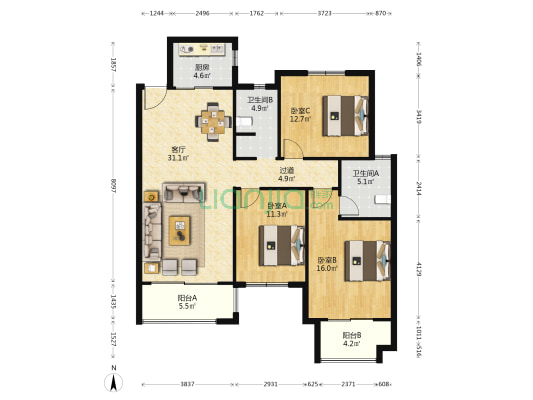 中国铁建金色蓝庭 3室1厅2卫 140平方