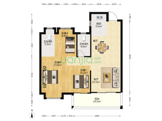 融创滨江壹号 3室1厅2卫 115平方