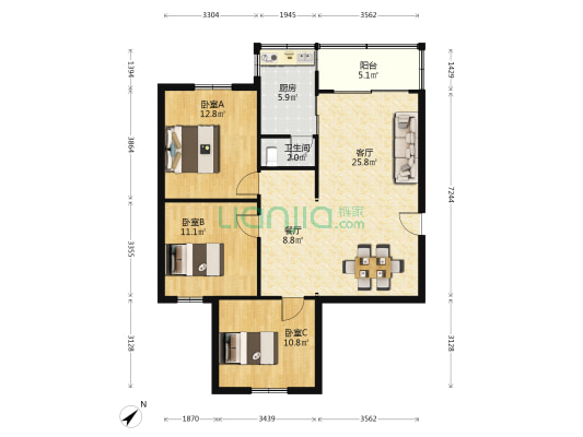 沙河镇政府宿舍 3室2厅1卫 97平方