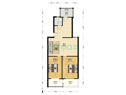 雪地公寓 2室1厅1卫 87平方