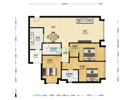 环宇城 3室1厅2卫 128平方