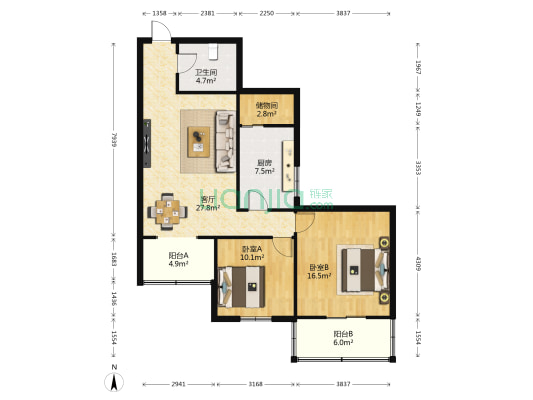 虹桥雅轩小区 2室1厅1卫 107平方