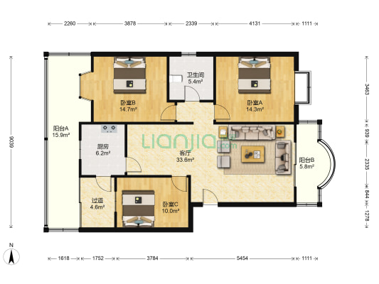 北辰小区桂花苑 3室1厅1卫 102平方