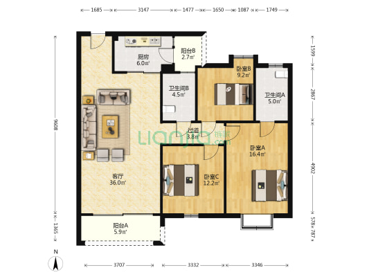 宝兴佳苑 3室1厅2卫 117平方