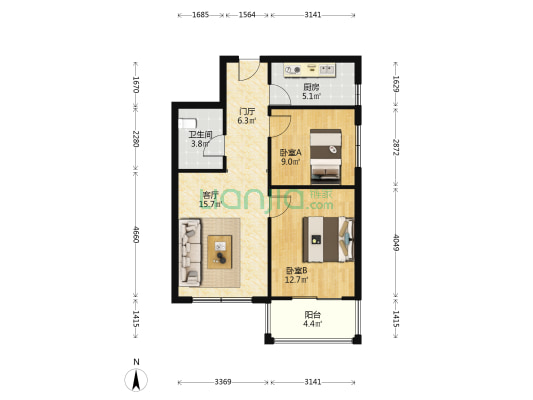 房子精装修，全南两居室。带地下室，业主诚心出售-户型图