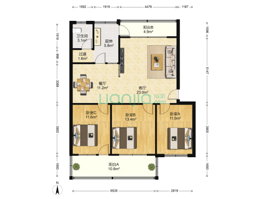 潍坊市卫生局宿舍 3室2厅1卫 106平方