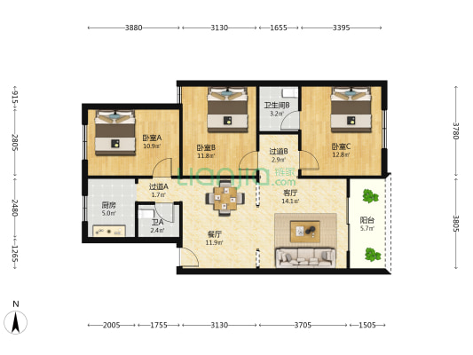 巷南路 3室2厅2卫 109平方