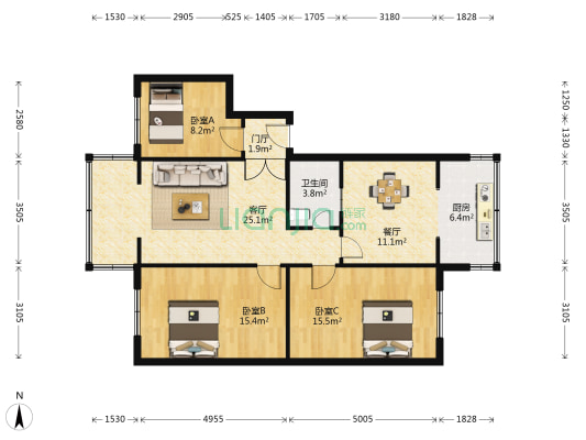兴七路 3室2厅1卫 104平方