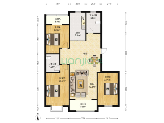 晶都国际 3室1厅2卫 148平方