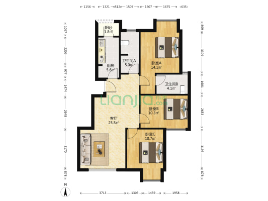 仁中风华B区 3室2厅2卫 93平方