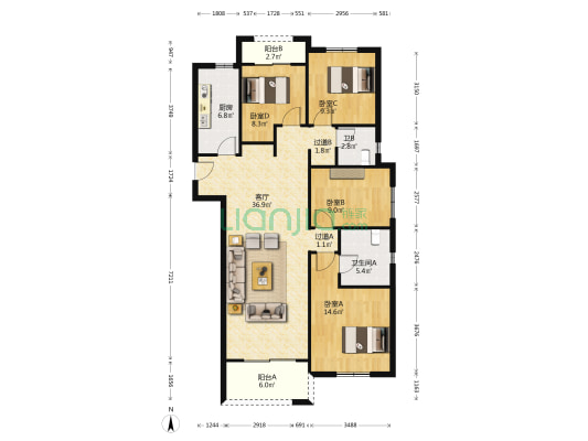 保利庭瑞阅江台璟园 4室1厅2卫 132平方