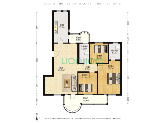 京达国际公寓 3室1厅2卫 136平方