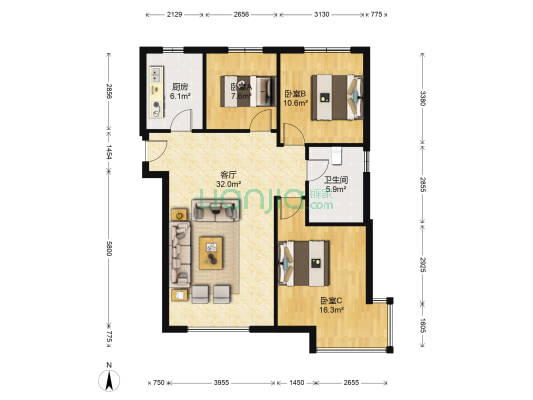 三利中和城一期 3室1厅 南 北-户型图