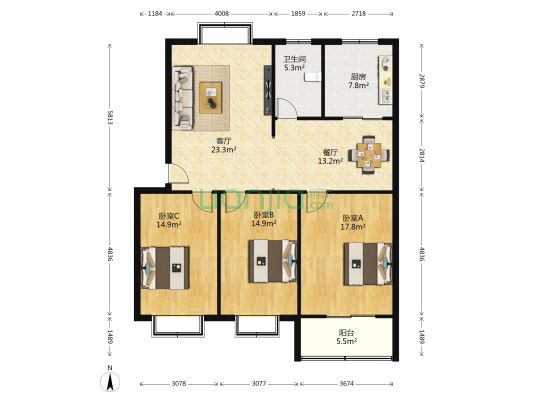 长风花园 3室2厅1卫 122平方