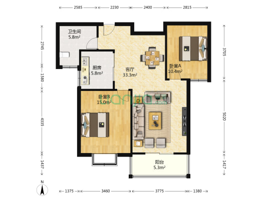 中央名都 2室1厅1卫 94平方