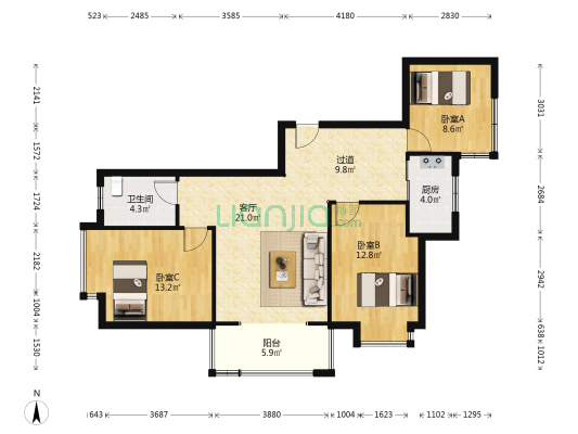 亿龙金河湾 3室1厅1卫 95平方