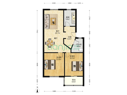 商业公司宿舍 2室1厅1卫 89平方