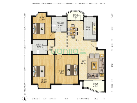 文馨园 3室1厅2卫 125平方