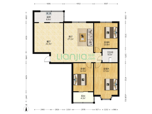 外国语宿舍 3室2厅1卫 130平方