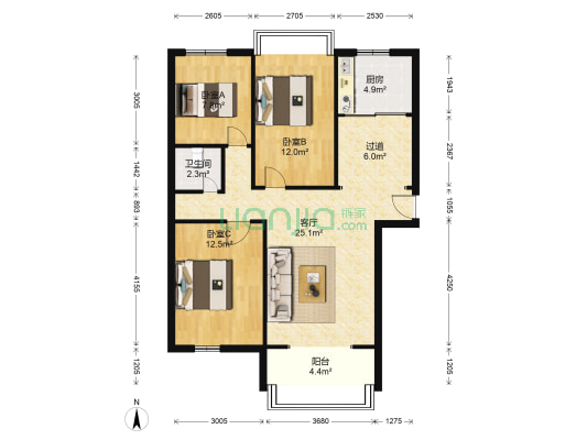 天洋城4代 3室1厅1卫 115平方