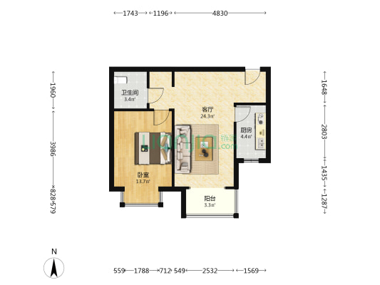 天泰人和 1室1厅1卫 64平方