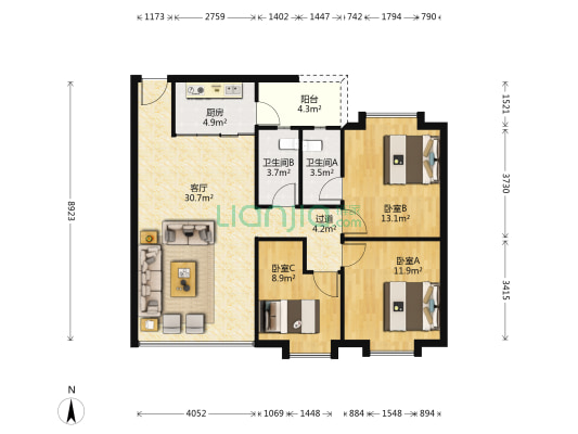华悦名居 3室1厅2卫 93平方