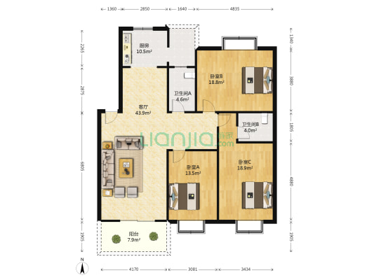 卧龙小区 3室1厅2卫 132平方