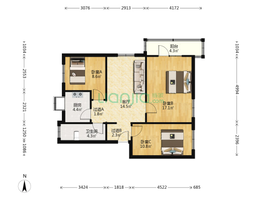 保全街6号院 3室1厅1卫 80平方