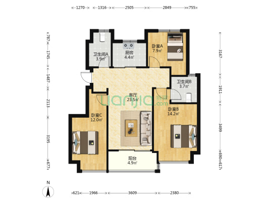 保利阅江台 3室1厅2卫 89平方