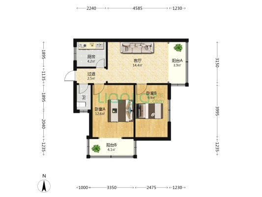 大树营市政小区延安医院宿舍 2室1厅1卫 57平方