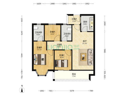 枫华金明府六期 3室1厅2卫 106平方